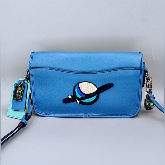 Upcycled Coach glovetanned turnlock crossbody bag w/ Space Patches. Azure Blue - Picture 8 of 14